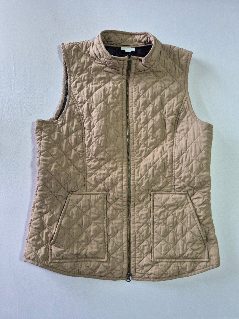 J. Jill Heritage Womens Quilted Vest M Tan Beige Diamond Quilt Full Zip Pockets